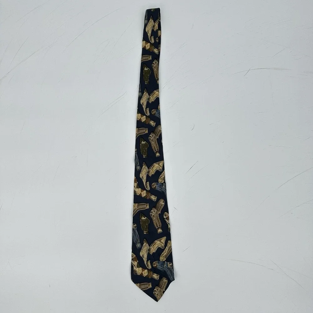 VTG Polo by Ralph Lauren Silk Tie Navy Gold Novelty Sock Print Hand Made In USA